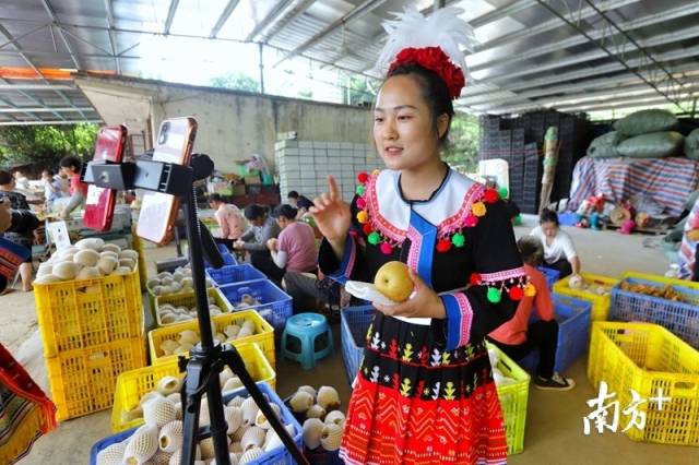 身著當(dāng)?shù)靥厣褡宸椀木W(wǎng)紅正在進(jìn)行帶貨直播。梁素雅 攝